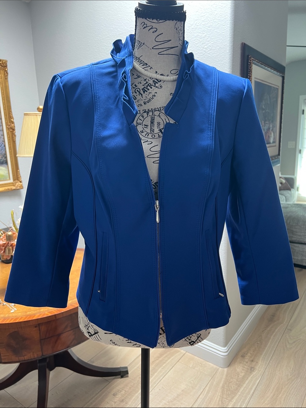 White House Black Market Royal Blue Ruffle-Collar Zip Jacket